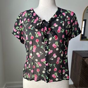 Rafaella Black Silk Sheer Blouse with Cherry Print